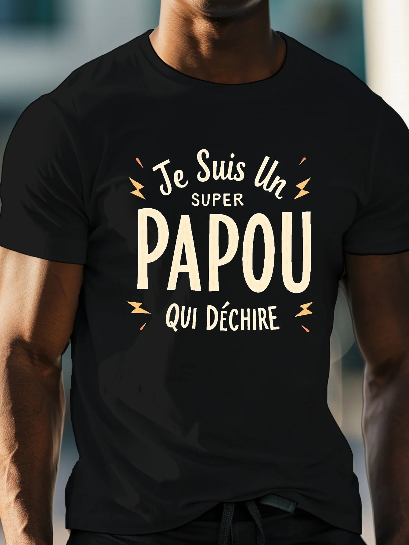 Men's "I Am a Great Papou" French Text Print Crew Neck T-Shirt - Lightweight Summer Casual Tee with Geometric Design