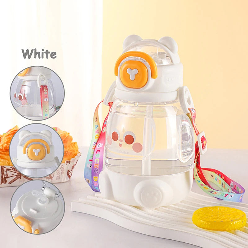600ml Cute Water Cup Girls Boys Plastic Portable Straw Large Capacity Water Bottle With Strap Gift For Student School Cup Summer