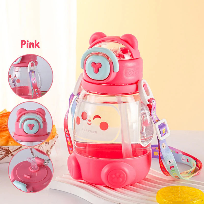 600ml Cute Water Cup Girls Boys Plastic Portable Straw Large Capacity Water Bottle With Strap Gift For Student School Cup Summer
