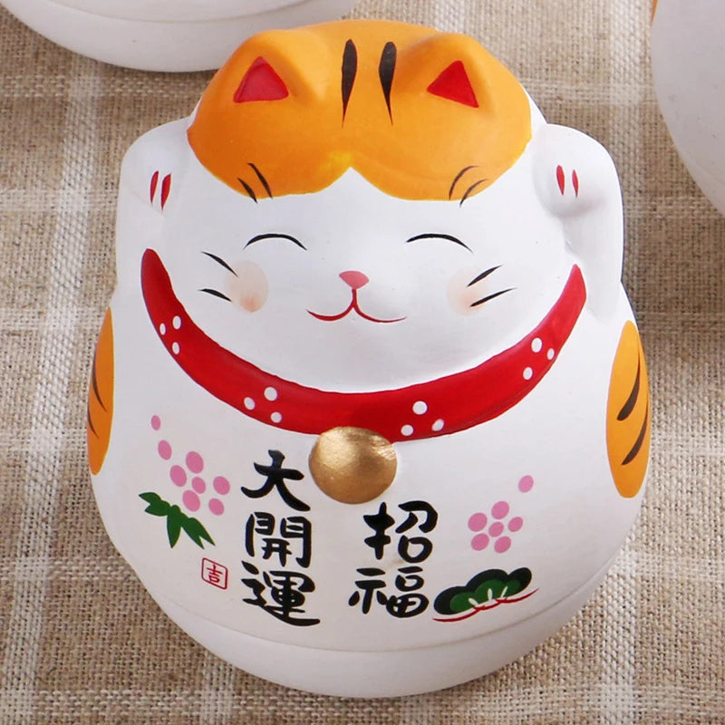Japanese Ceramic Lucky Cat Tumbler Daruma Crafts Cartoon Lucky Cat Ornaments Landscape Home Decor Fortune Cat Statue Figurines