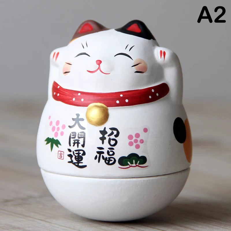 Japanese Ceramic Lucky Cat Tumbler Daruma Crafts Cartoon Lucky Cat Ornaments Landscape Home Decor Fortune Cat Statue Figurines