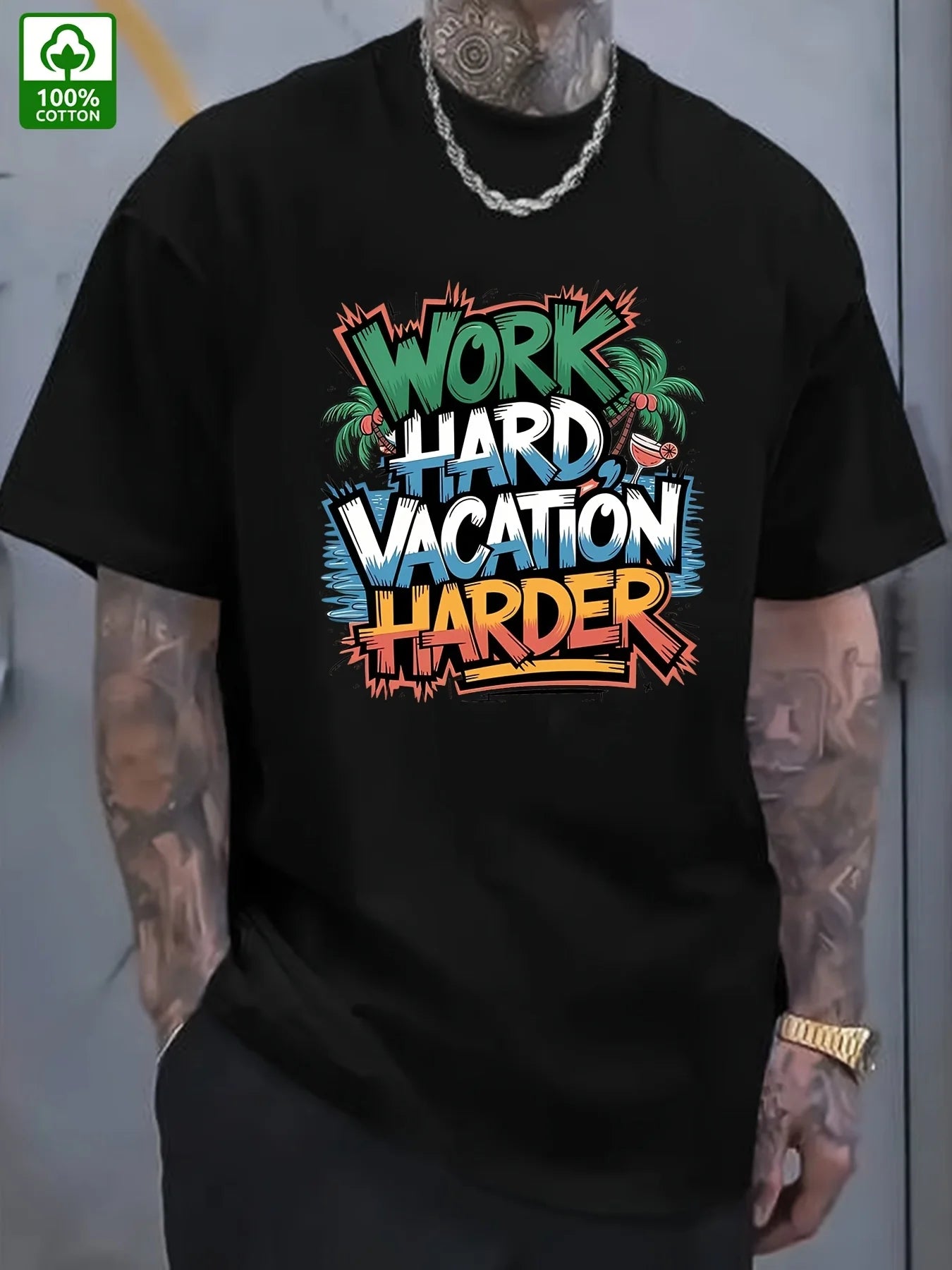 Summer Trend Men'S Pure Cotton T-Shirt, Casual Front Pattern Printing, Outdoor Wear Men'S Fashion Pure Cotton T-Shirt