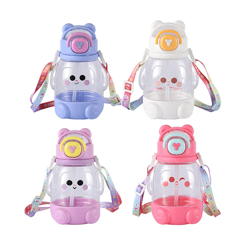 600ml Cute Water Cup Girls Boys Plastic Portable Straw Large Capacity Water Bottle With Strap Gift For Student School Cup Summer
