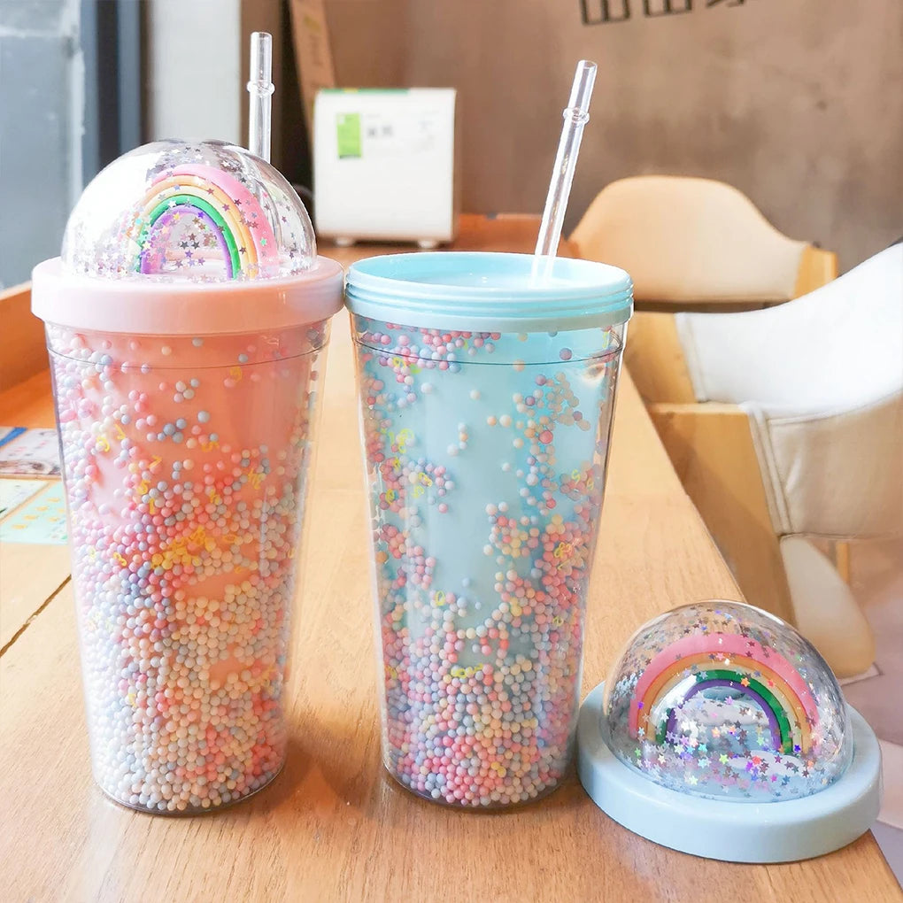 Rainbow Plastic Water Bottle Stylish And Functional Hydration Companion Nice Gift Straw Lid Cup light pink 550ml
