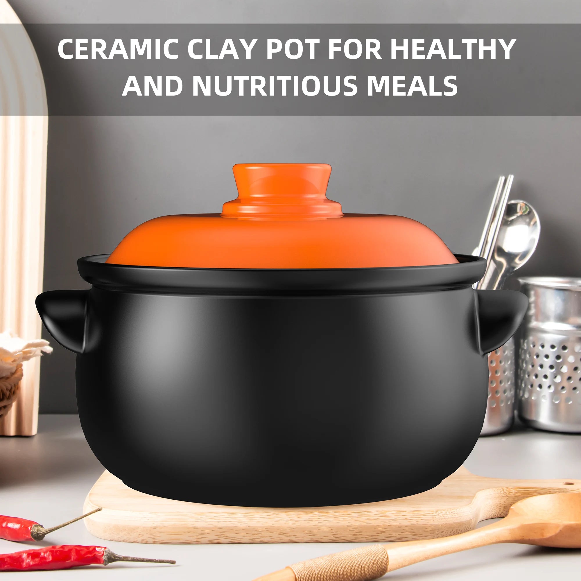 129oz Ceramic Clay Pot with Orange Lid, Heat-Resistant & Thermal Shock Proof - China Restaurant Style, Easy Clean & Oven Safe