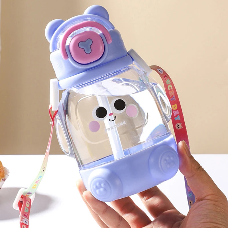 600ml Cute Water Cup Girls Boys Plastic Portable Straw Large Capacity Water Bottle With Strap Gift For Student School Cup Summer