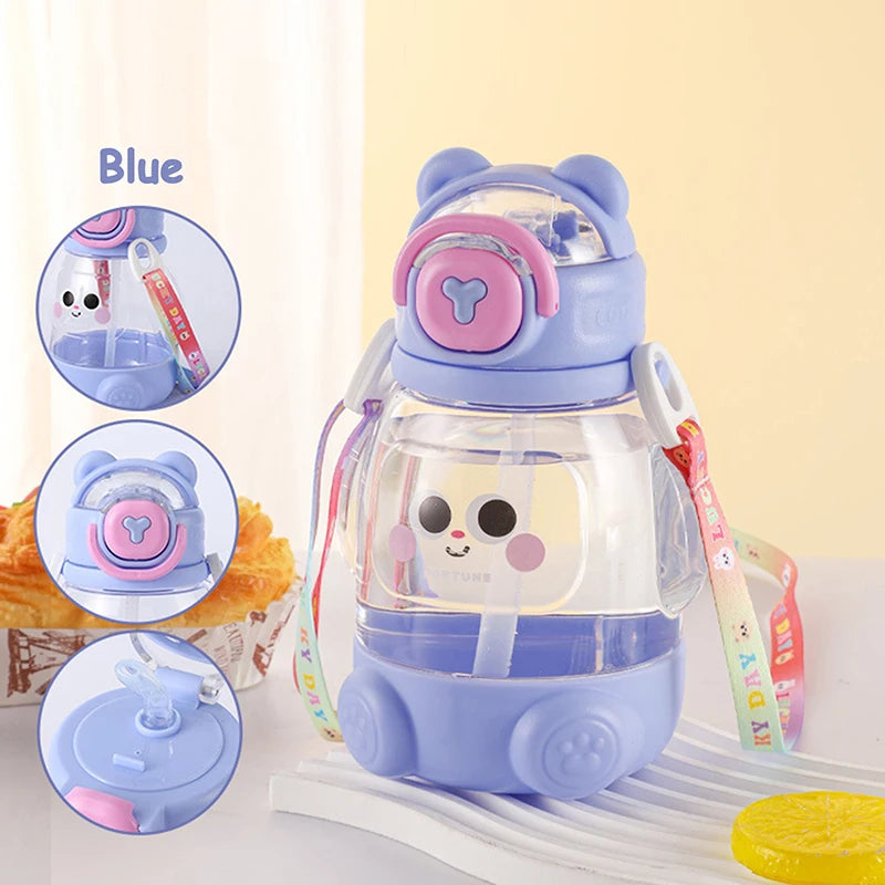 600ml Cute Water Cup Girls Boys Plastic Portable Straw Large Capacity Water Bottle With Strap Gift For Student School Cup Summer