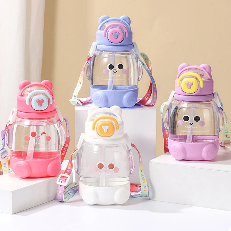 600ml Cute Water Cup Girls Boys Plastic Portable Straw Large Capacity Water Bottle With Strap Gift For Student School Cup Summer
