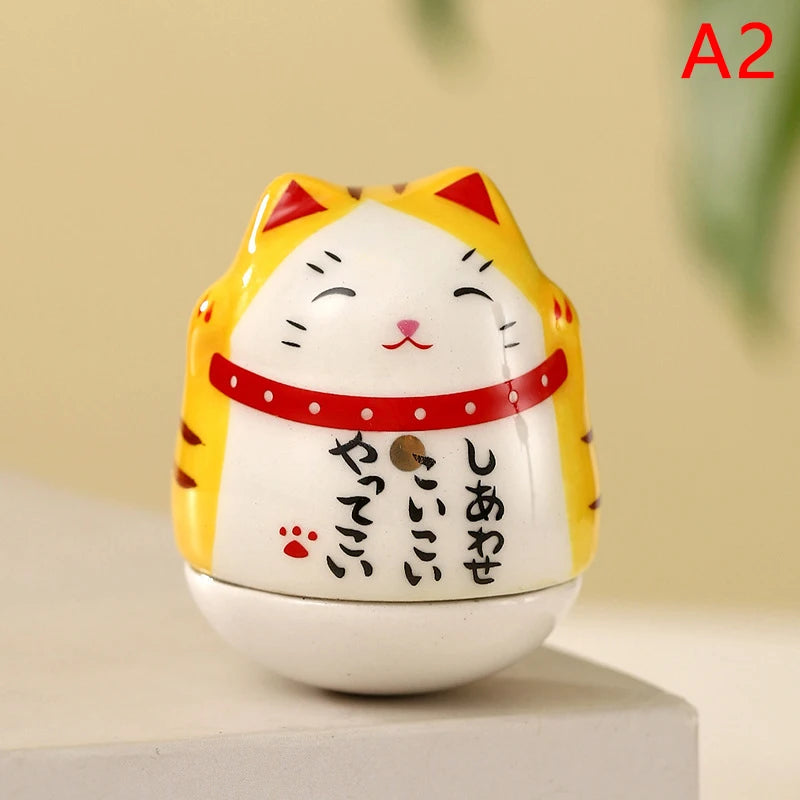 Japanese Ceramic Lucky Cat Tumbler Daruma Crafts Cartoon Lucky Cat Ornaments Landscape Home Decor Fortune Cat Statue Figurines
