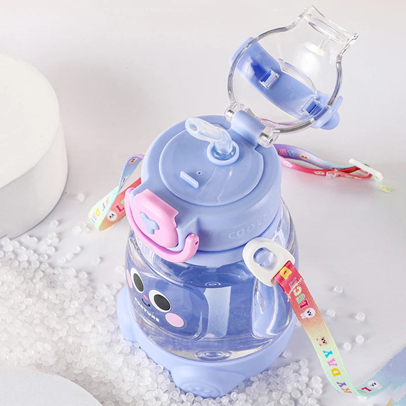 600ml Cute Water Cup Girls Boys Plastic Portable Straw Large Capacity Water Bottle With Strap Gift For Student School Cup Summer