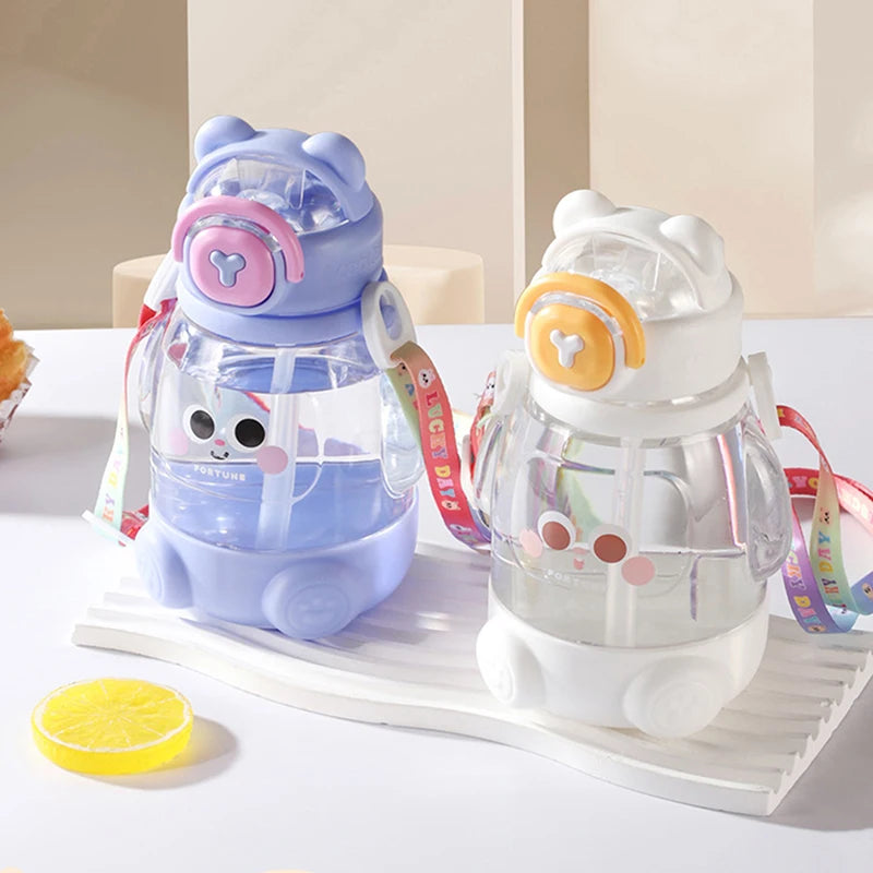 600ml Cute Water Cup Girls Boys Plastic Portable Straw Large Capacity Water Bottle With Strap Gift For Student School Cup Summer