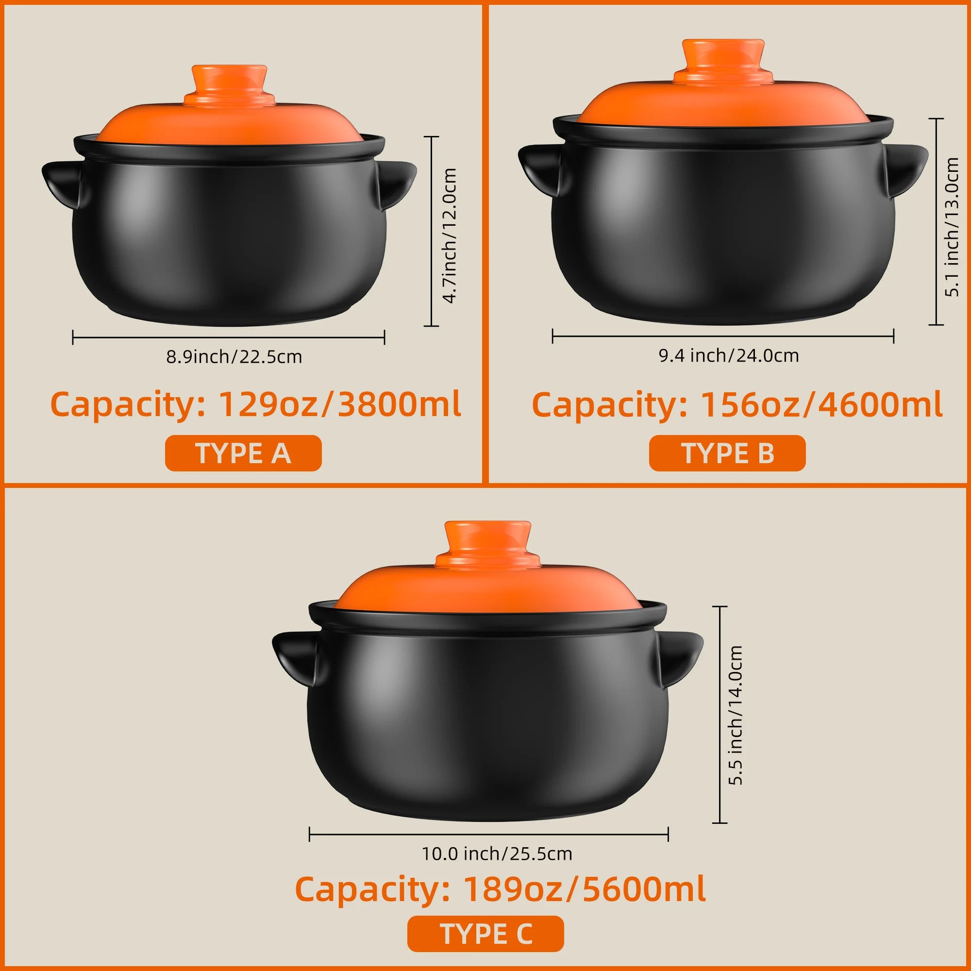 129oz Ceramic Clay Pot with Orange Lid, Heat-Resistant & Thermal Shock Proof - China Restaurant Style, Easy Clean & Oven Safe