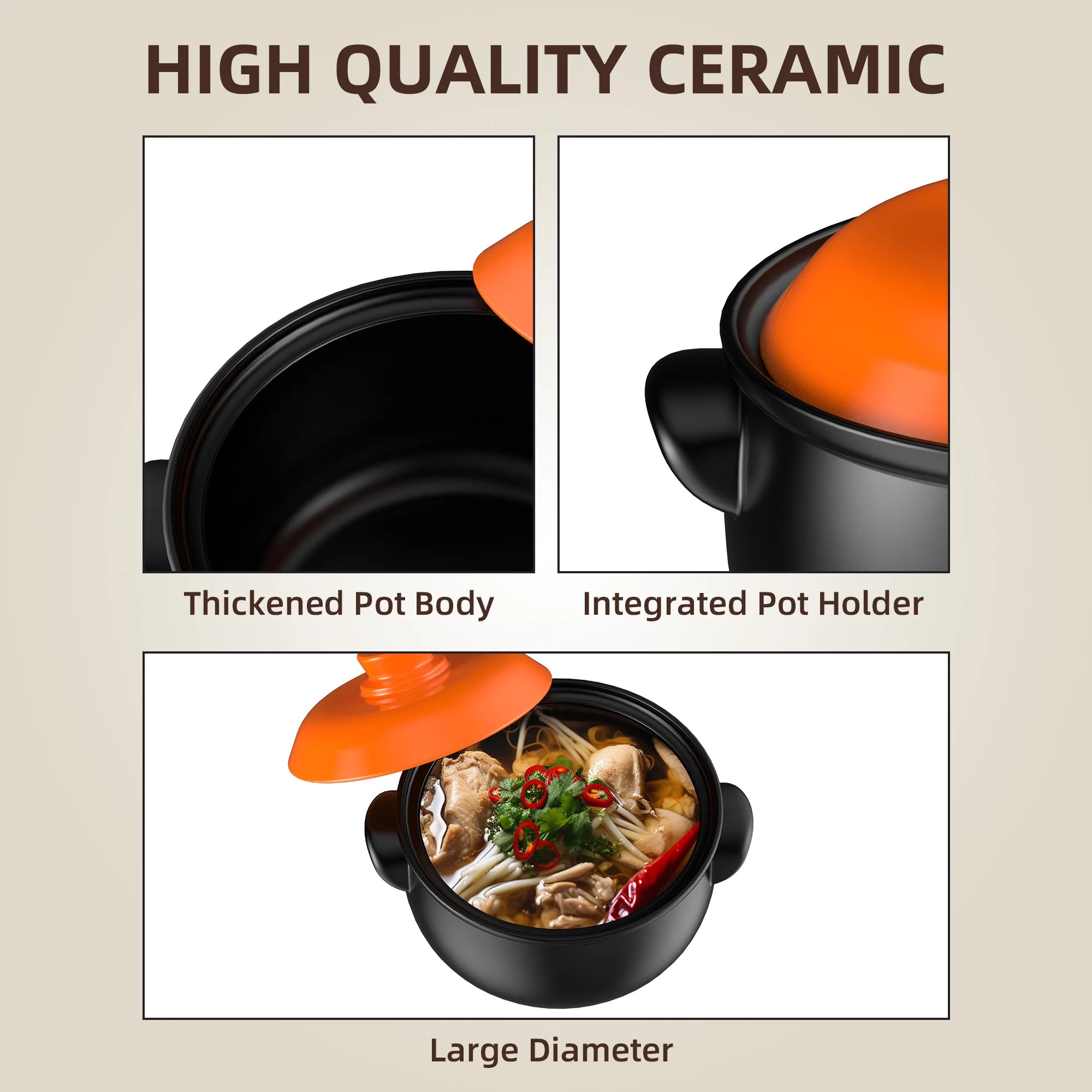 129oz Ceramic Clay Pot with Orange Lid, Heat-Resistant & Thermal Shock Proof - China Restaurant Style, Easy Clean & Oven Safe