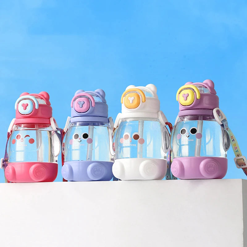 600ml Cute Water Cup Girls Boys Plastic Portable Straw Large Capacity Water Bottle With Strap Gift For Student School Cup Summer