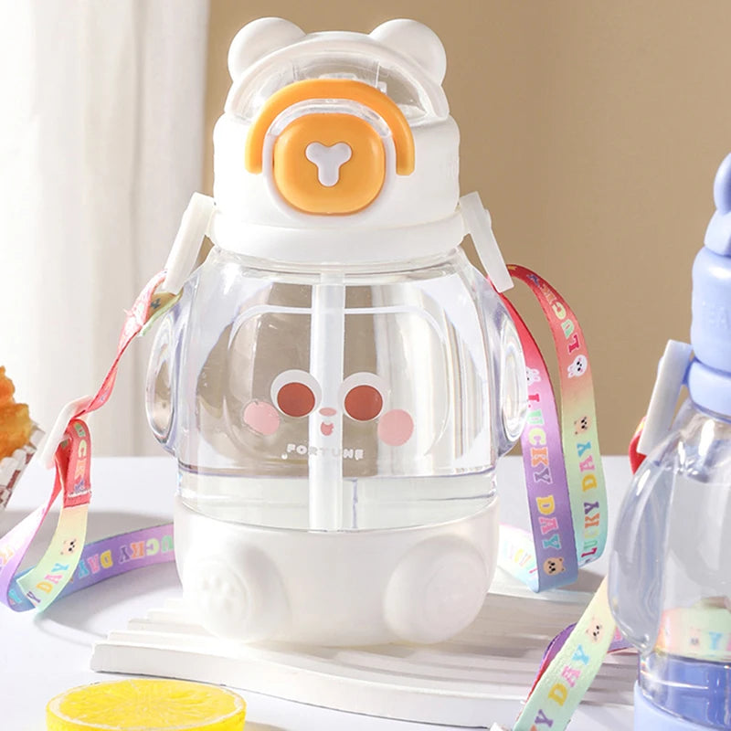 600ml Cute Water Cup Girls Boys Plastic Portable Straw Large Capacity Water Bottle With Strap Gift For Student School Cup Summer
