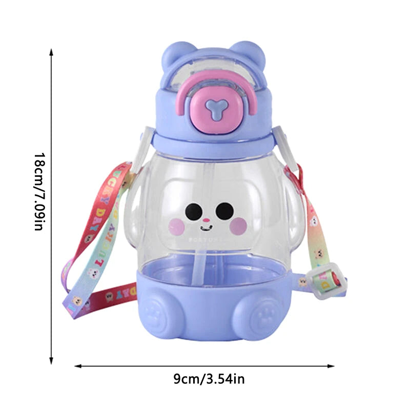 600ml Cute Water Cup Girls Boys Plastic Portable Straw Large Capacity Water Bottle With Strap Gift For Student School Cup Summer