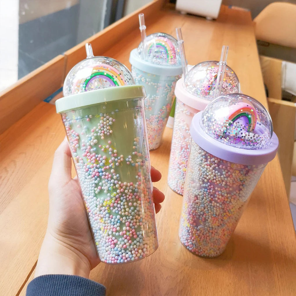 Rainbow Plastic Water Bottle Stylish And Functional Hydration Companion Nice Gift Straw Lid Cup light pink 550ml