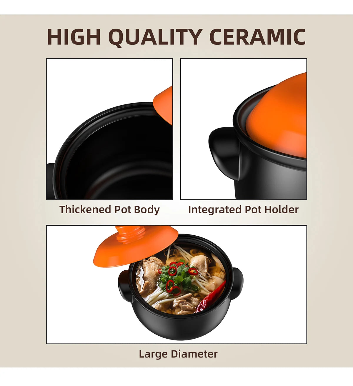129oz Ceramic Clay Pot with Orange Lid, Heat-Resistant & Thermal Shock Proof - China Restaurant Style, Easy Clean & Oven Safe
