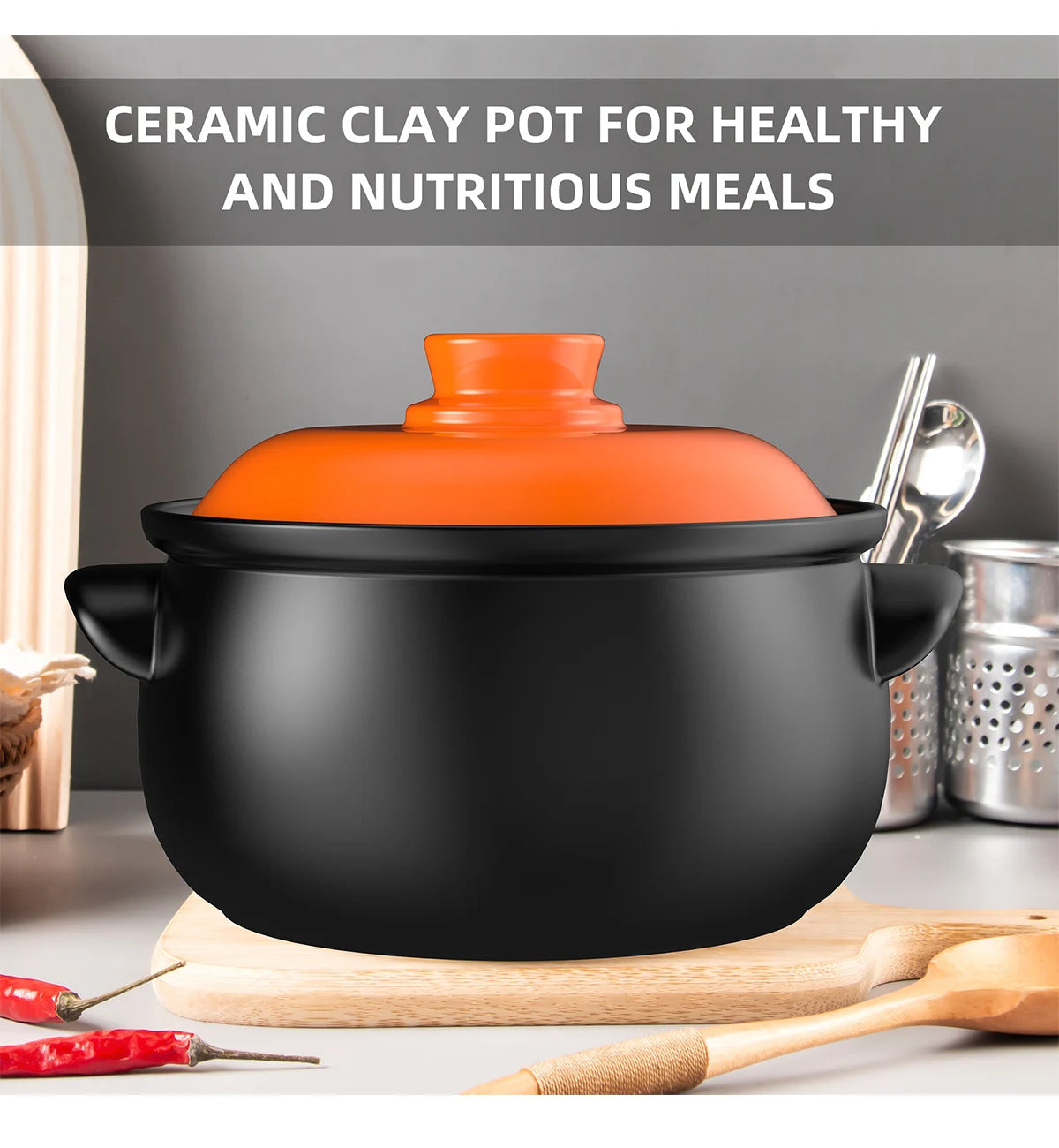 129oz Ceramic Clay Pot with Orange Lid, Heat-Resistant & Thermal Shock Proof - China Restaurant Style, Easy Clean & Oven Safe