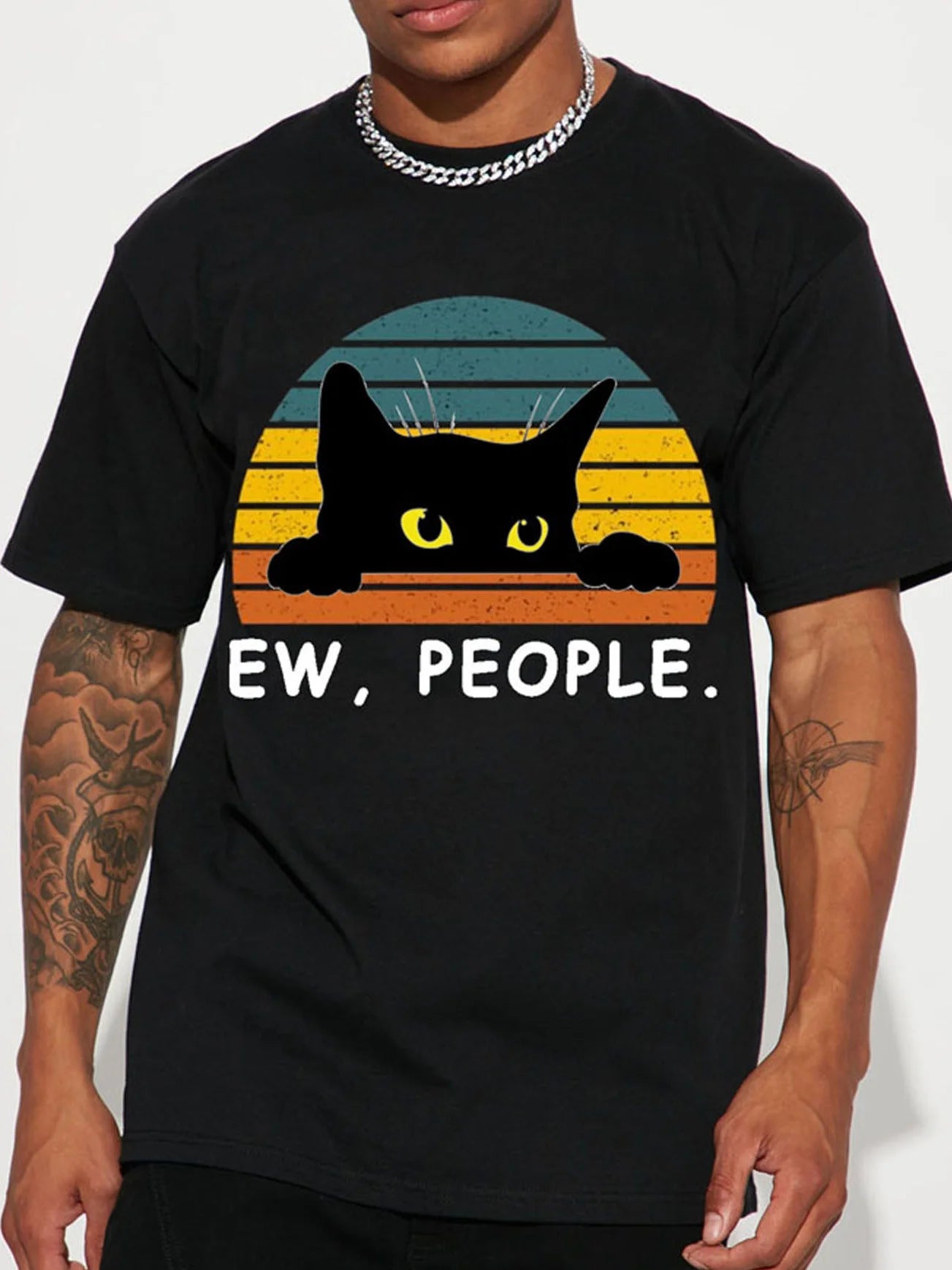 Fashion Forward Mens Black Cat Print T-Shirt - Stylish Hip Hop Crew Neck Tee for Summer Vacations & Unique Gifts - Comfortable