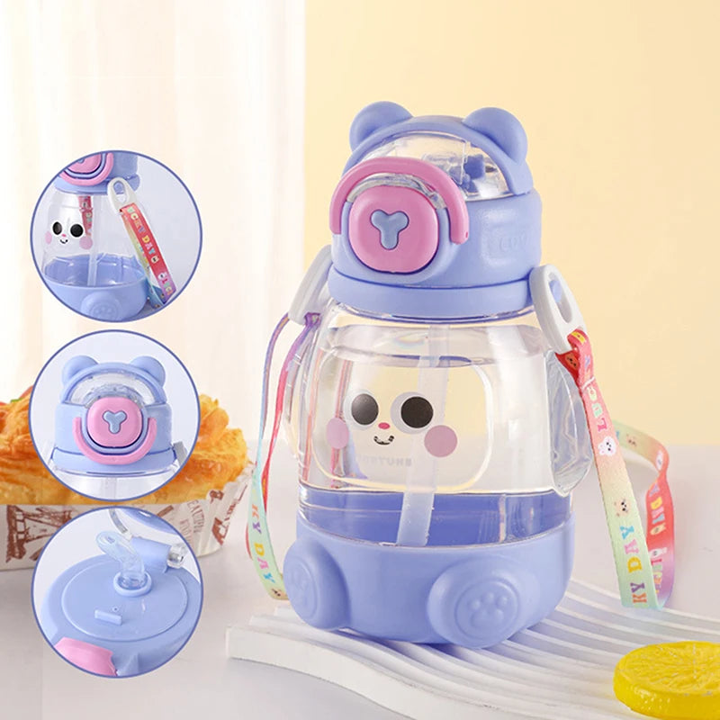 600ml Cute Water Cup Girls Boys Plastic Portable Straw Large Capacity Water Bottle With Strap Gift For Student School Cup Summer
