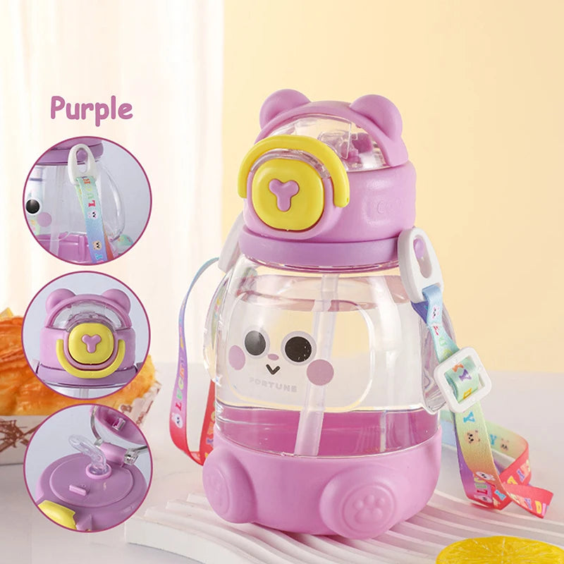 600ml Cute Water Cup Girls Boys Plastic Portable Straw Large Capacity Water Bottle With Strap Gift For Student School Cup Summer