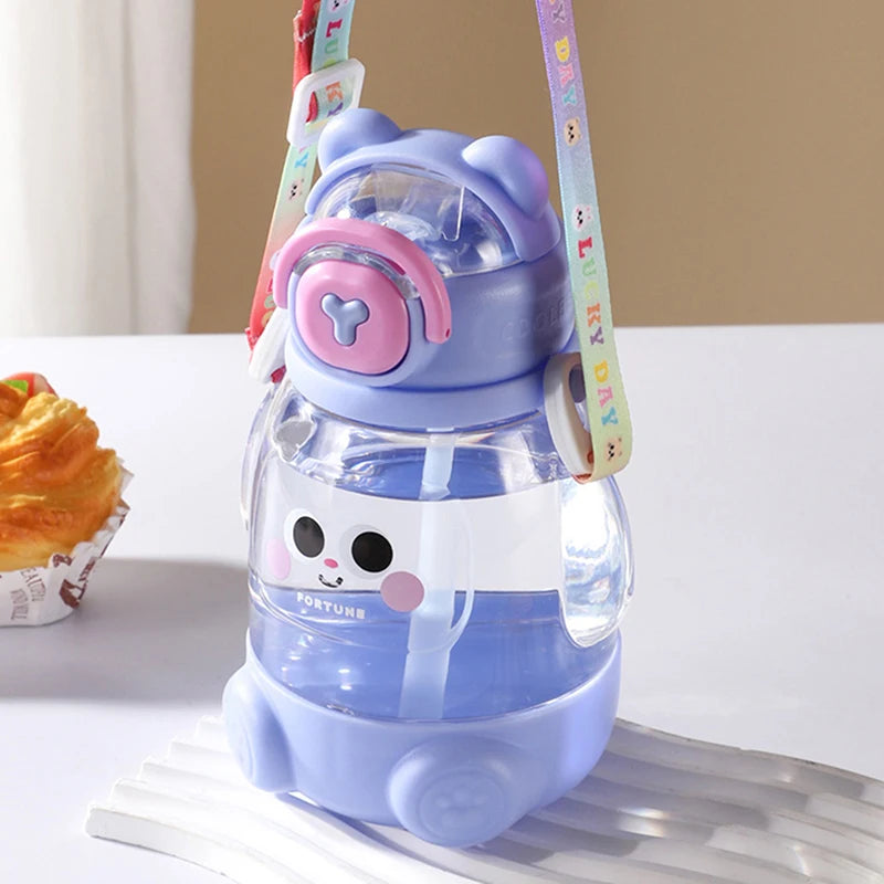 600ml Cute Water Cup Girls Boys Plastic Portable Straw Large Capacity Water Bottle With Strap Gift For Student School Cup Summer