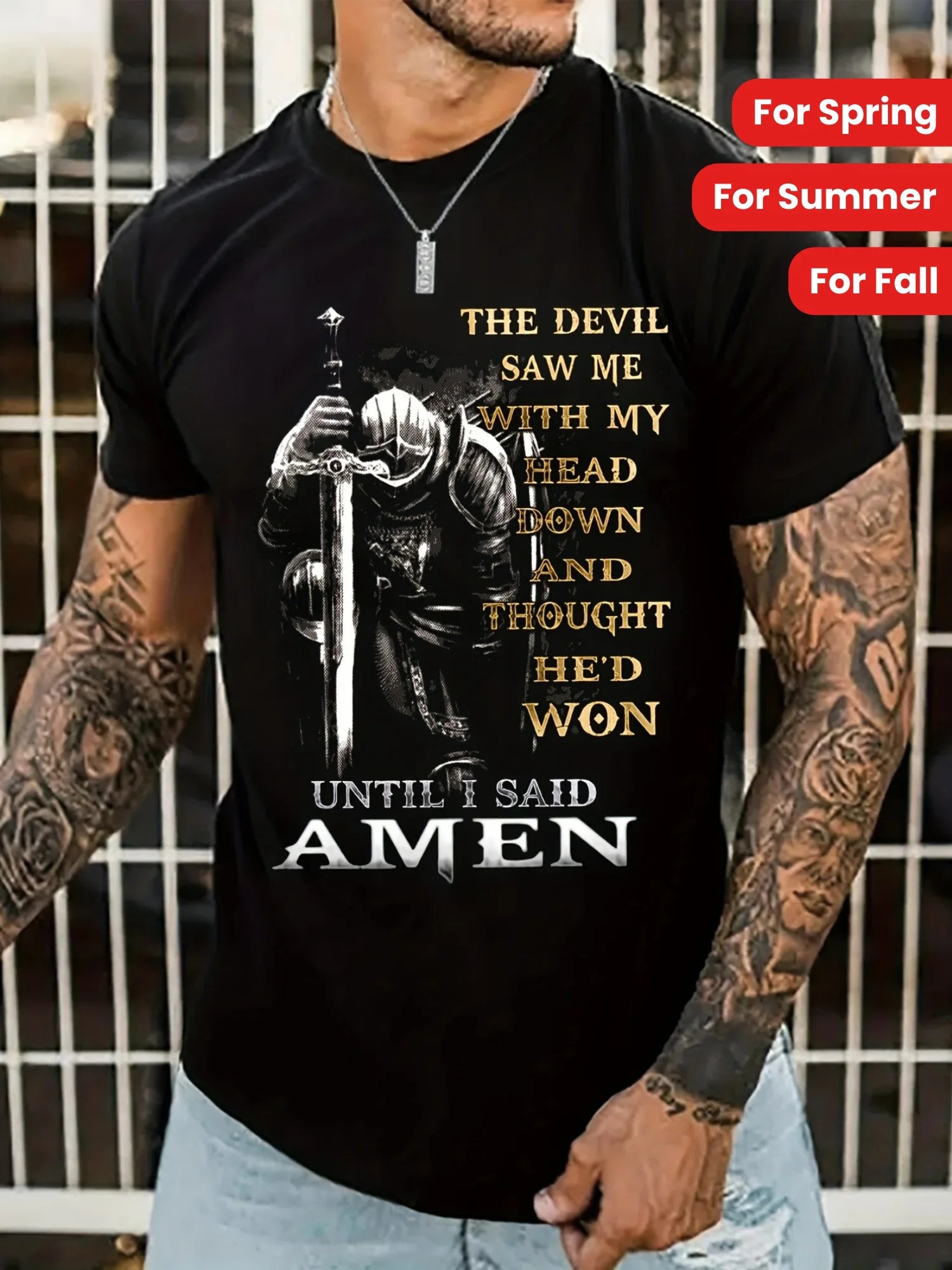 [Cotton Graphic Tee] 100% Cotton Men's Knight & Slogan Graphic Tee | Breathable Crew Neck T-Shirt with Medieval Soldier Design