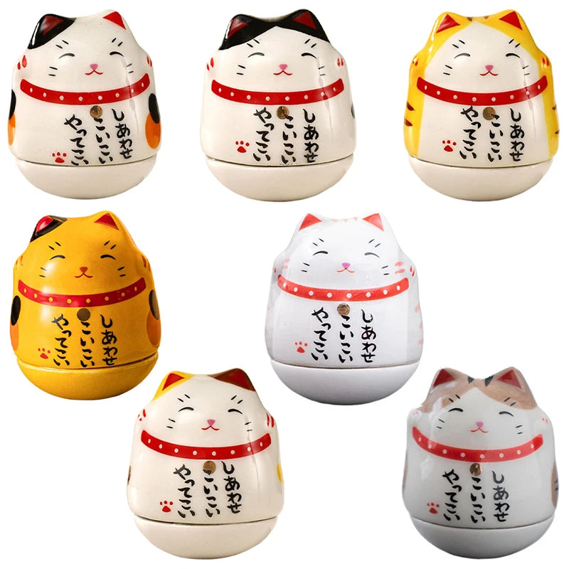 Japanese Ceramic Lucky Cat Tumbler Daruma Crafts Cartoon Lucky Cat Ornaments Landscape Home Decor Fortune Cat Statue Figurines