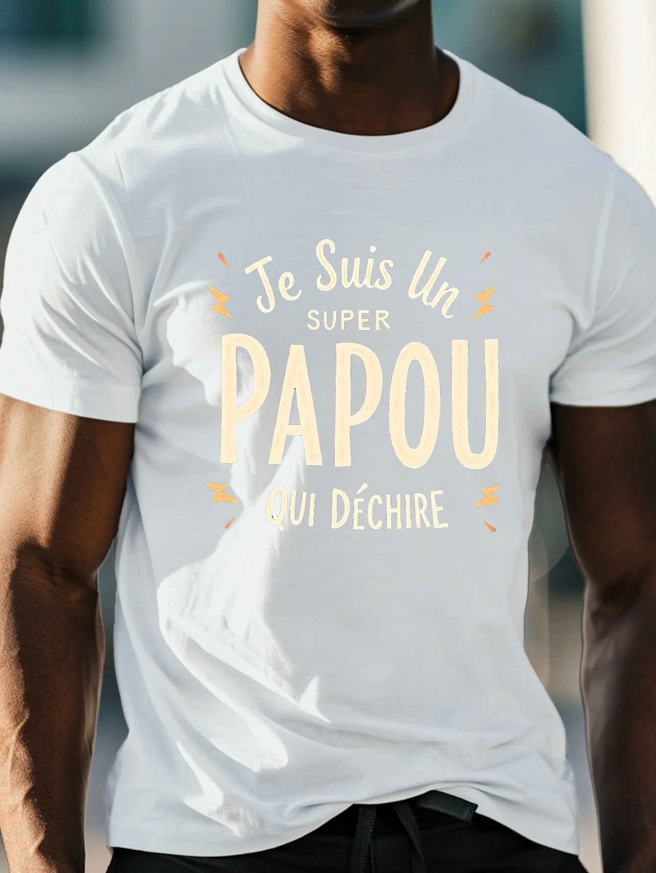 Men's "I Am a Great Papou" French Text Print Crew Neck T-Shirt - Lightweight Summer Casual Tee with Geometric Design