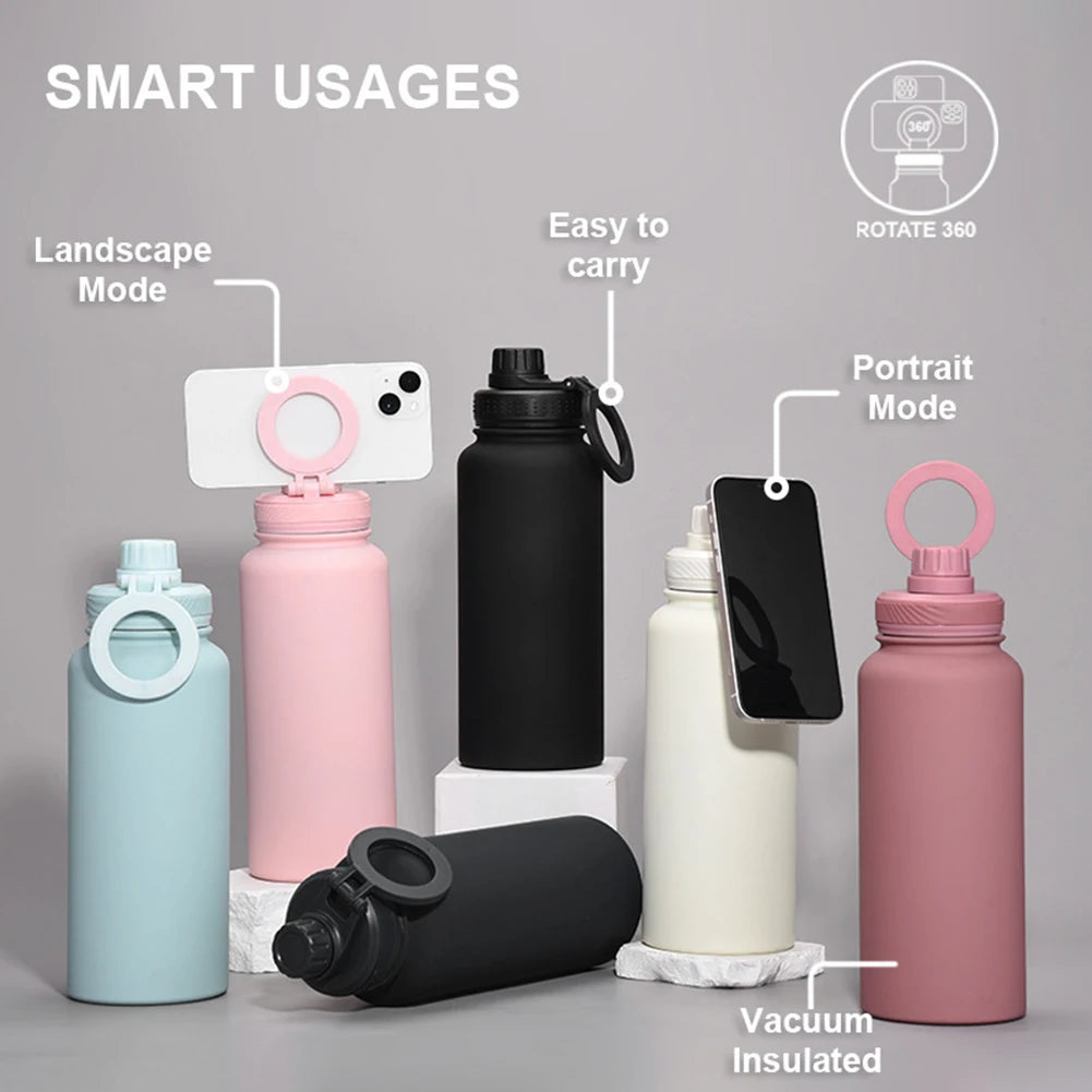 Double Vacuum Insulated Bottle Lid with Phone Holder Sports Water Bottle Lid Leak Proof Insulated Bottle Lid for Outdoor Sports