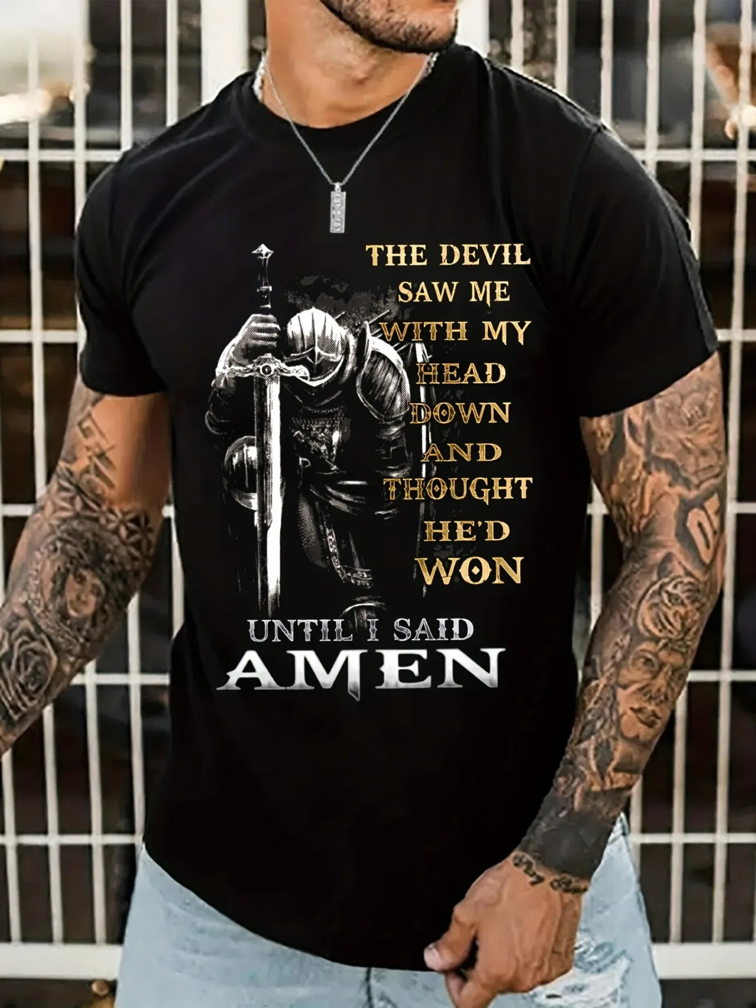 [Cotton Graphic Tee] 100% Cotton Men's Knight & Slogan Graphic Tee | Breathable Crew Neck T-Shirt with Medieval Soldier Design
