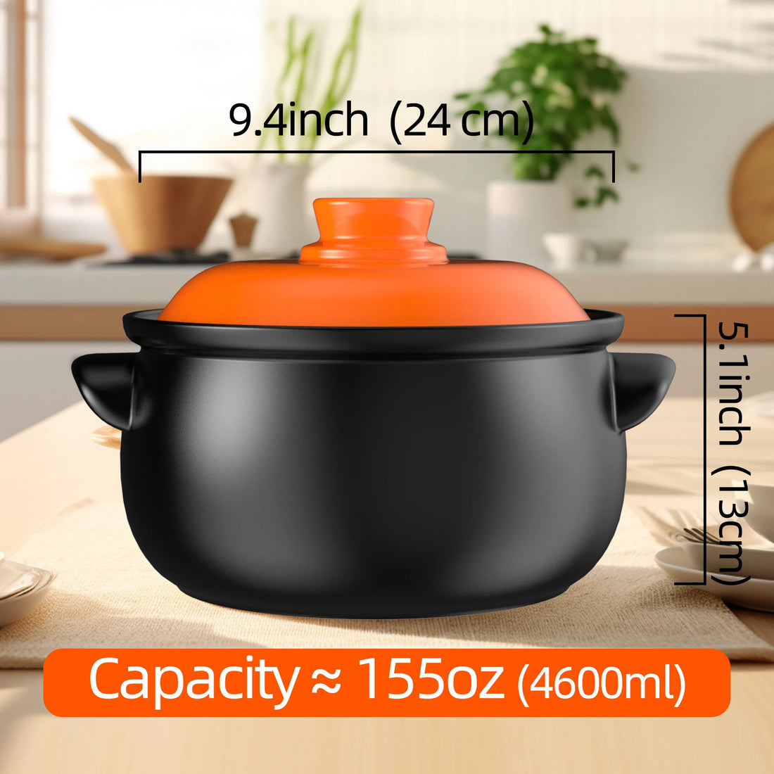 129oz Ceramic Clay Pot with Orange Lid, Heat-Resistant & Thermal Shock Proof - China Restaurant Style, Easy Clean & Oven Safe