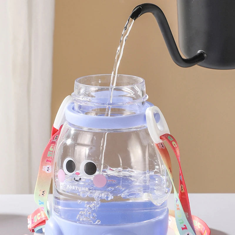 600ml Cute Water Cup Girls Boys Plastic Portable Straw Large Capacity Water Bottle With Strap Gift For Student School Cup Summer
