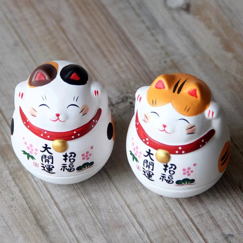 Japanese Ceramic Lucky Cat Tumbler Daruma Crafts Cartoon Lucky Cat Ornaments Landscape Home Decor Fortune Cat Statue Figurines