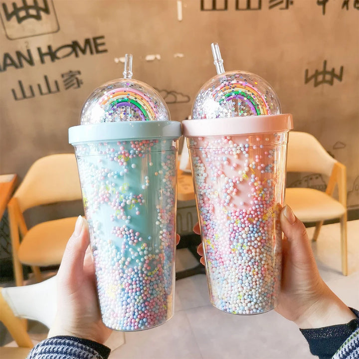 Rainbow Plastic Water Bottle Stylish And Functional Hydration Companion Nice Gift Straw Lid Cup light pink 550ml