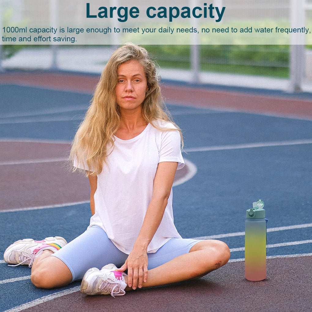 1L Motivational Gradient Fitness Water Bottle Removable Strainer Leak-proof Plastic Drink Cup Fitness Pink Blue