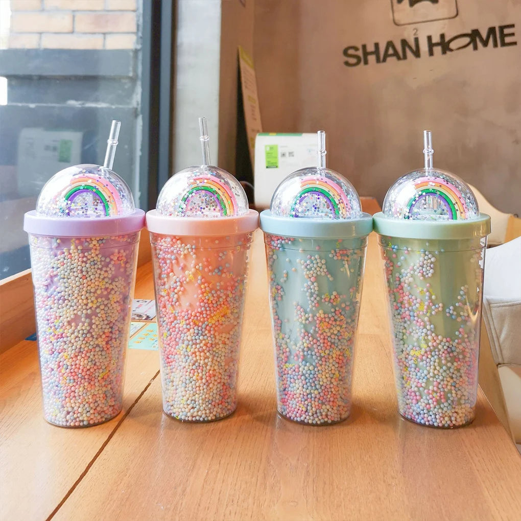 Rainbow Plastic Water Bottle Stylish And Functional Hydration Companion Nice Gift Straw Lid Cup light pink 550ml