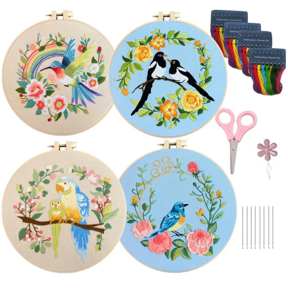 4pcs/set Embroidery Kit for Beginners Art Craft Hummingbird Flower Cross Stitch Starter Kits DIY Handmade Sewing Art Crafts